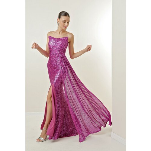 By Saygı Strapless Puffy-Plain Long Dress with Draping and Lined Front. Slike