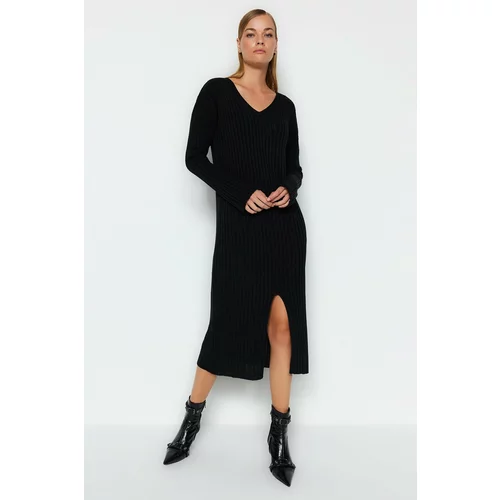 Trendyol Black Midi Knitwear V-Neck Dress