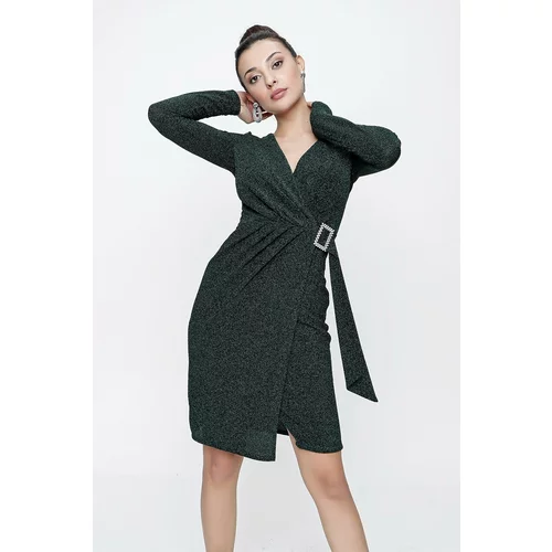 By Saygı Double-breasted Collar Lined With Buckle Waist, Long Sleeve Glittery Dress Green