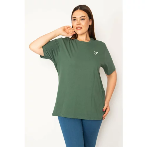 Şans Women's Plus Size Green Crew Neck Short Sleeve Basic Blouse