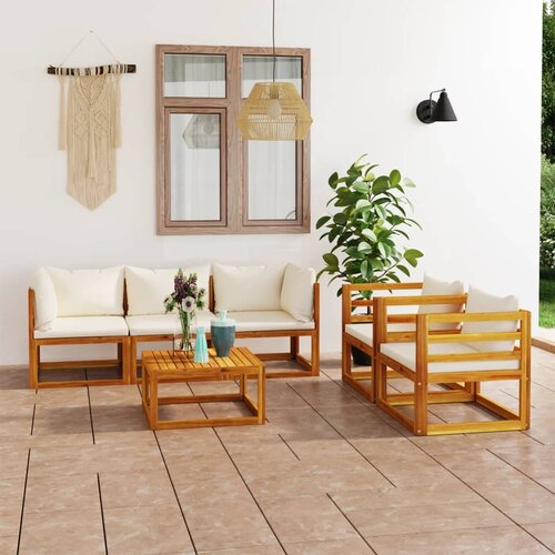 VidaXL 3057641 6 Piece Garden Lounge Set with Cushion Cream Solid Acacia Wood (2x311853+311859) Slike