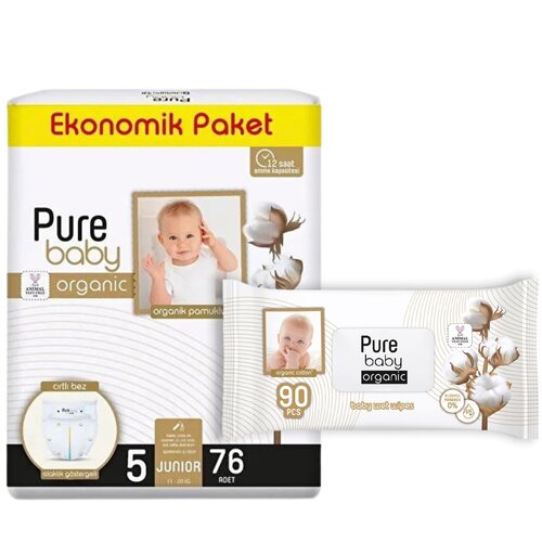 PURE BABY pelene sa organskim pamukom veličine 5 76 pelena + vlažne maramice 90 komada Slike