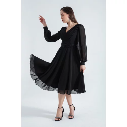 Lafaba Women's Black V-Neck Pearly Midi Evening Dress