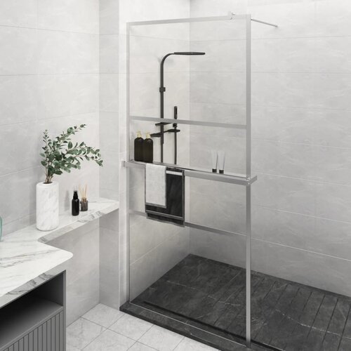 VidaXL Pregrada za tu&amp;scaron; s polico krom 100x195 cm ESG steklo in aluminij Slike