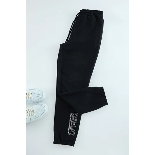 Trendyol Black Regular Cut Text Print Detailed Sweatpants