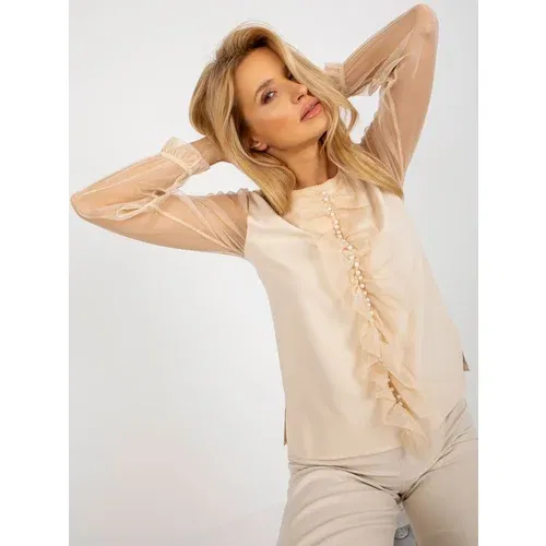 Fashion Hunters Beige formal blouse with appliqué and mesh sleeves