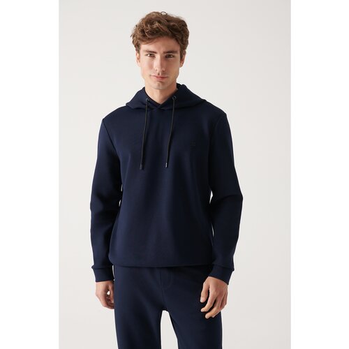 Avva Men's Navy Blue Sweatshirt Hooded Stretchy Soft Texture Interlock Fabric Standard Fit Regular Cut Slike
