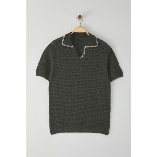 Trendyol Khaki Regular Open Collar Textured Knitwear T-shirt Slike