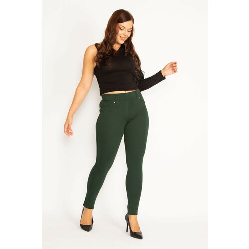 Şans Women's Large Size Green Leggings with Front Ornamental Pocket and Back Pocket Cene