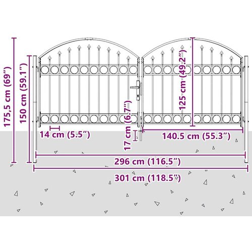vidaXL Ograjna vrata s ključavnico Siva 300 x 125 cm Jeklo Cene