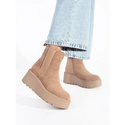 Shelvt Beige suede Chelsea boots on a wedge