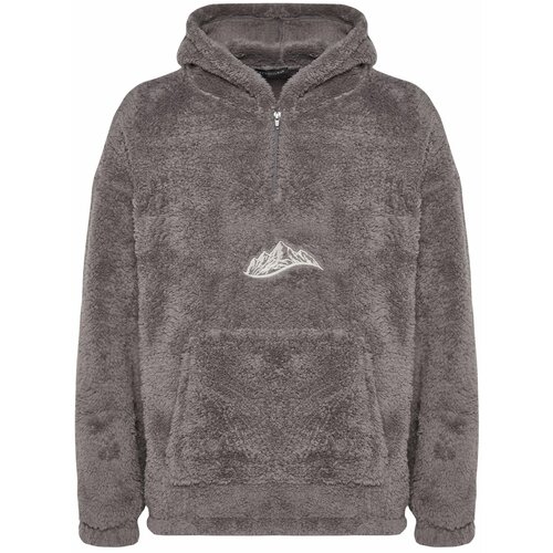 Trendyol Men's Gray Oversized Hoodie Long Sleeved Sweatshirt with Pockets. Thick Plush Mountains and Embroidery. Slike