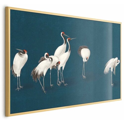  Plakat - Evening at the Pond - group of cranes drawn in dry pastel on a dark turquoise background 90x60 Zlatni okvir Cijene