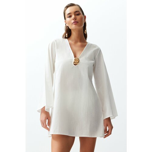 Trendyol White Mini 100% Cotton Beach Dress with Woven Accessories Cene
