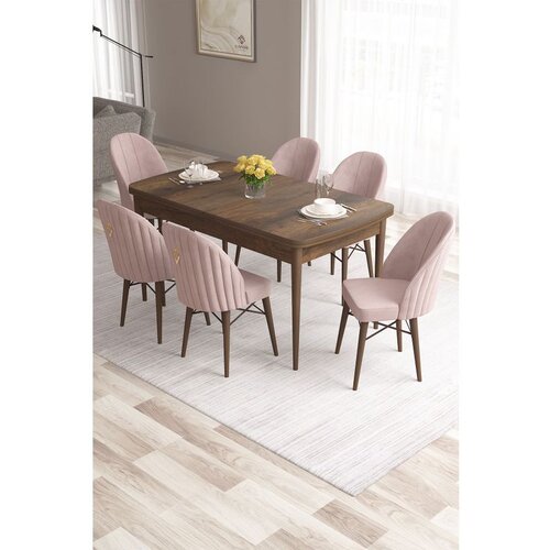 Hanah home Roz - Baroque, Pink BaroquePink Extendable Dining Table & Chairs Set (7 Pieces) Cene