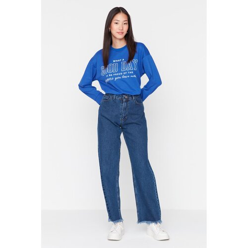 Trendyol Dark Blue 100% Cotton High Waist Worn Leg Detailed Wide Leg Jeans Slike