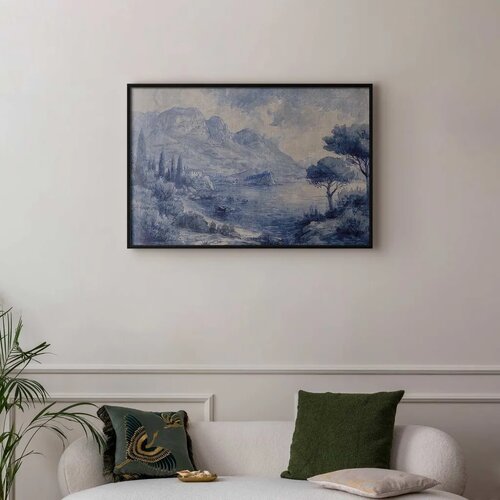  Plakat - Blue Bay - Italian Landscape of Lake Como Painted in Blue Ink 42x29.7 Crni okvir Cijene