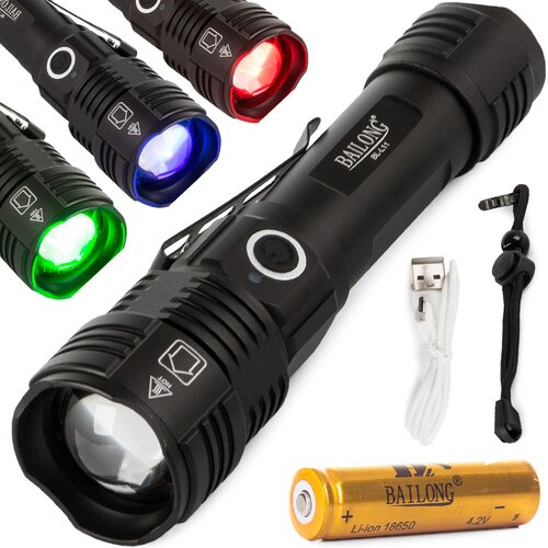  Taktična aku. LED RGBW alu. ročna svetilka UV ZOOM Cene