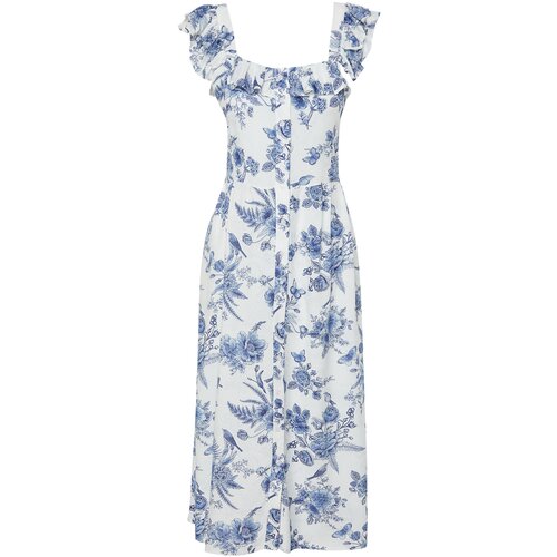 Trendyol blue floral print a-line square collar woven 100% viscous midi dress Slike