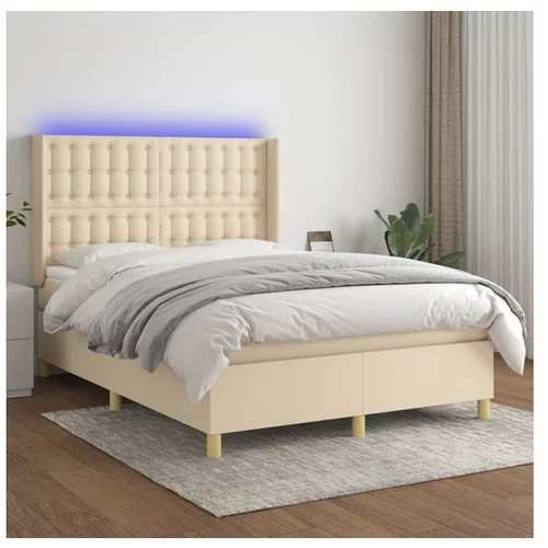 vidaXL Box spring postelja z vzmetnico LED krem 140x190 cm b