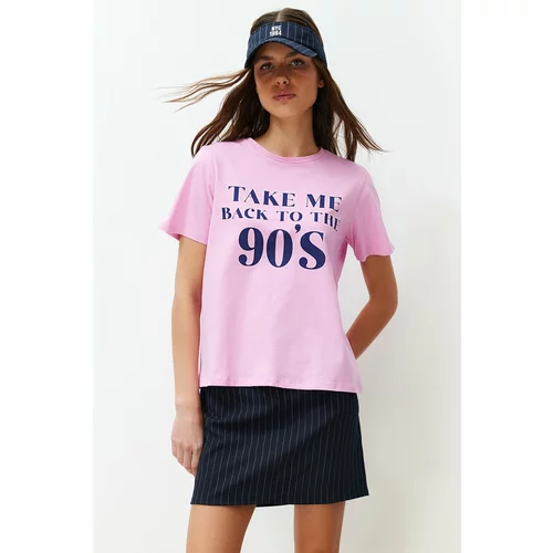 Trendyol Pink Crew Neck Printed Regular/Regular Fit Knitted T-Shirt