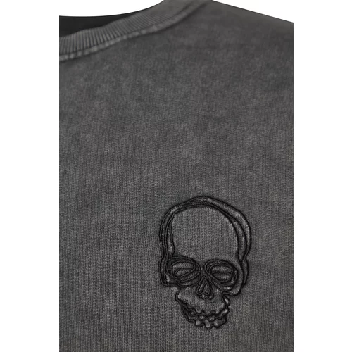 Trendyol Gray Limited Edition Relaxed/Comfortable fit, worn/ faded Effect 100% Cotton Skull Sweatshirt with Embroidery.