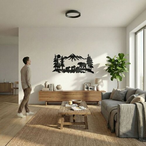 Wallxpert metalni zidni ukras 5454, medvedica sa mladuncima u planinskom pejzažu sa &scaron;umom, 60 x 26 cm, crni Cene