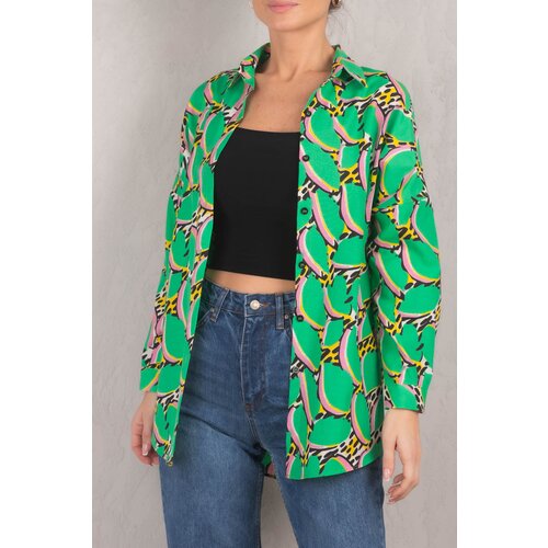 armonika Women's Green Patterned Oversize Long Basic Shirt Slike