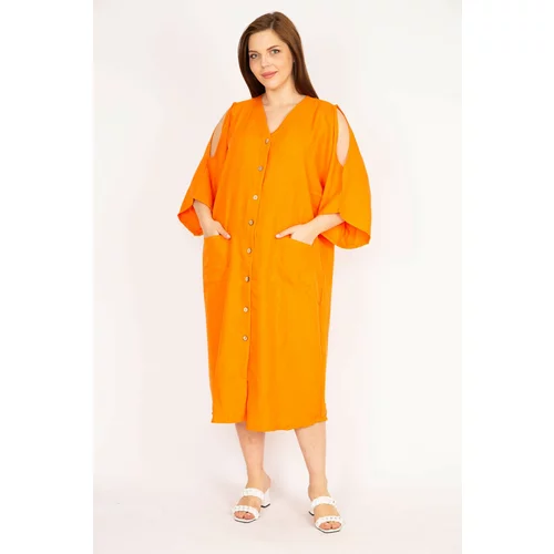 Şans Women's Orange Plus Size Decollete Decollete Front Button Dress