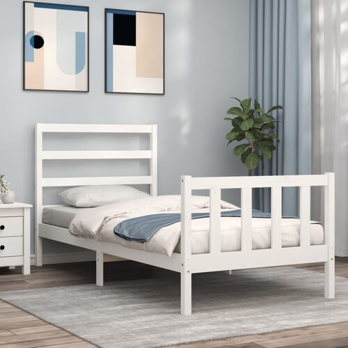 VidaXL Posteljni okvir z vzglavjem bel 90x190 cm trden les Slike