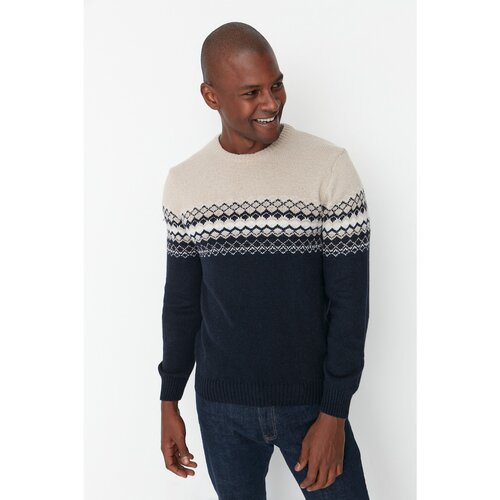 Trendyol Navy Blue Men&amp;#039;s Slim Fit Crew Neck Paneled Knitwear Sweater Slike