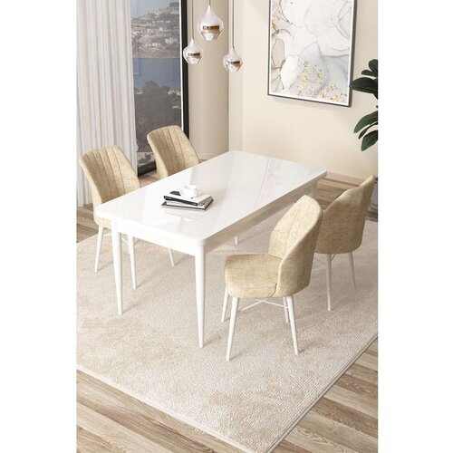 Hanah home Arp - White, Cream WhiteCream Dining Table & Chairs Set (5 Pieces) Cene