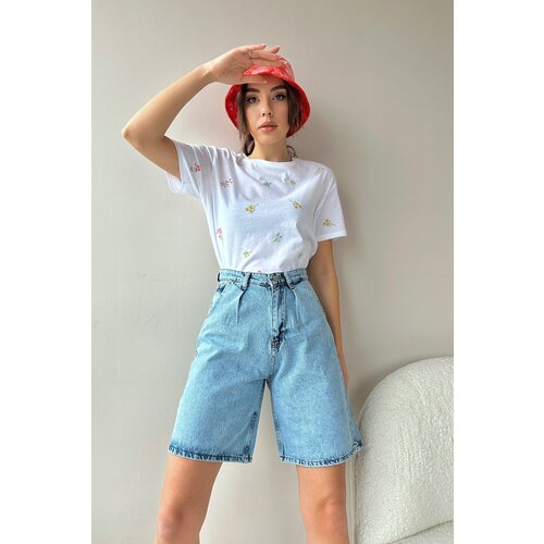 Trend Alaçatı Stili Women's Light Blue High Waist Wide Leg Bermuda Denim Shorts Cene