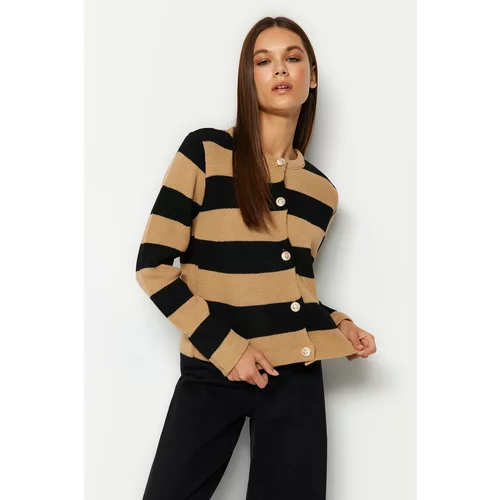 Trendyol Camel Striped Basic Knitwear Cardigan