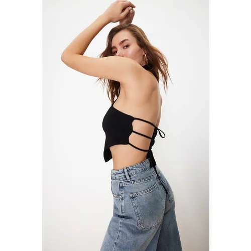 Trendyol Black High Neck Crop Open Shoulder Knitted Blouse