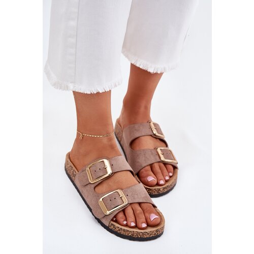 Boto Women's Slippers Made Of Eco Suede Golden Buckles Dark Beige Vorella Cene