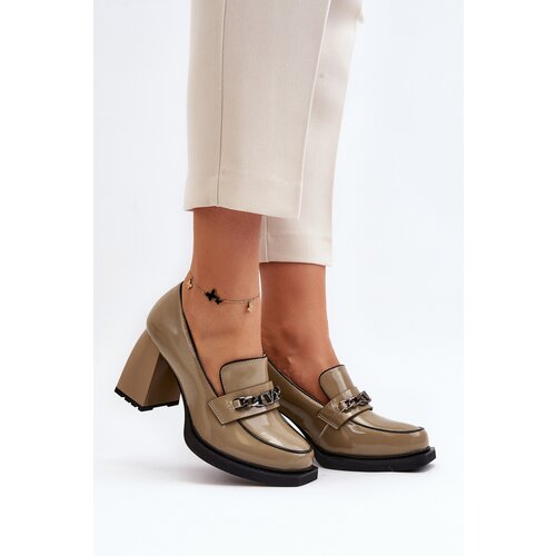 VINCEZA Green Patent Leather Pumps on Chunky Heel Terimene Cene