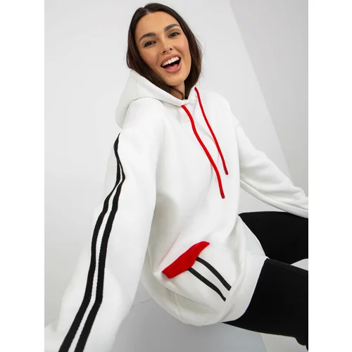 Fashion Hunters Warm white sweatshirt with a hood and stripes
