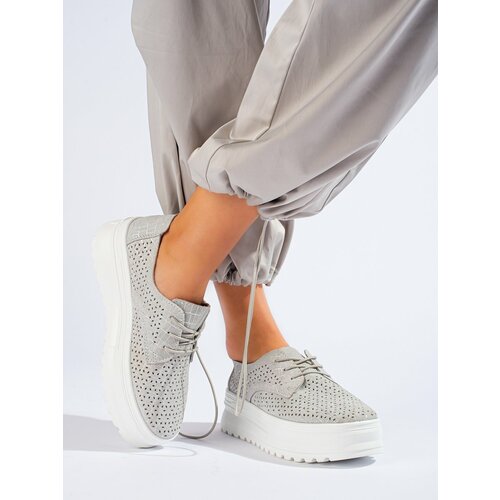 SHELOVET Leather openwork sneakers on a high platform silver Cene