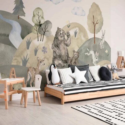  Foto tapeta - Green Hills - a Valley With Animals Painted in Watercolours 400x280 Standard Slike