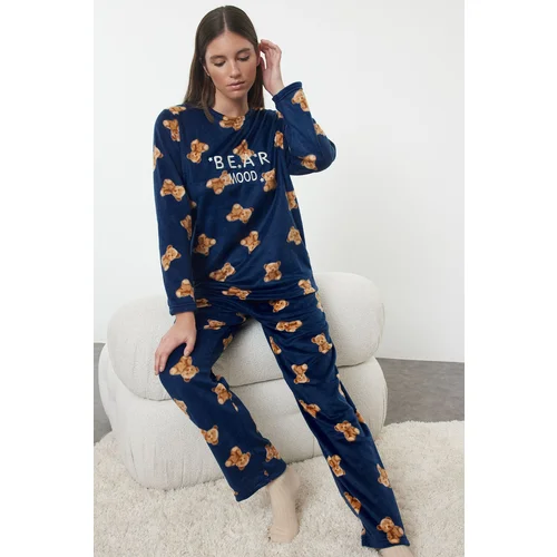 Trendyol Navy Blue Teddy Bear and Slogan Embroidered Polar Fleece Knitted Pajama Set