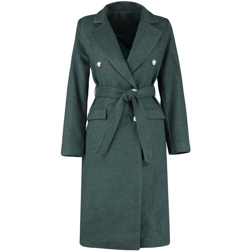 Trendyol Khaki Fitted Belted Gold Buttoned Long Wool Cashmere Coat Slike