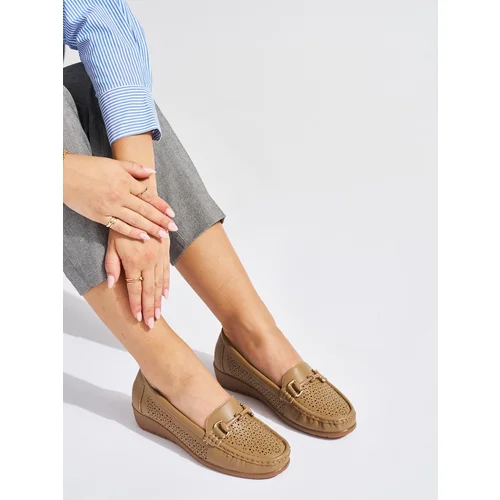 Shelvt Beige openwork loafers on a low wedge