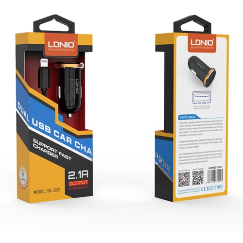 Ldnio Auto punjač DL-C22 dual USB 2.1A + iPhone Lightning kabel crni. Cene