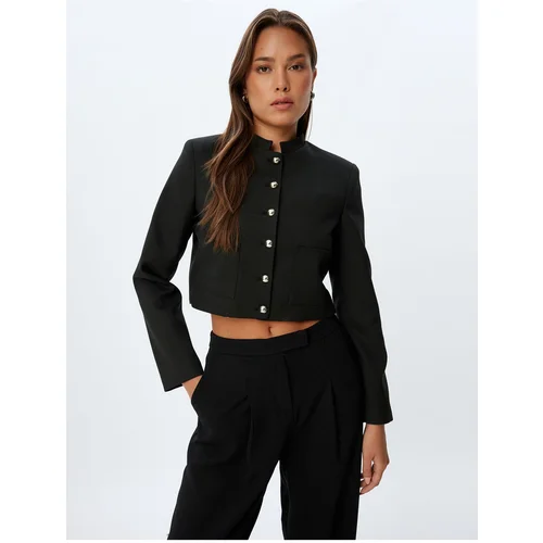 Koton Crop Jacket Stand Collar Pocket Buttoned Long Sleeve