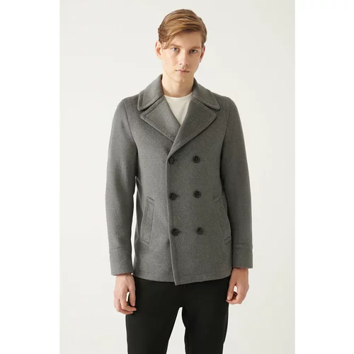 Avva Men's Anthracite Double Breasted Collar Woolen Cachet Comfort Fit Relaxed Cut Coat