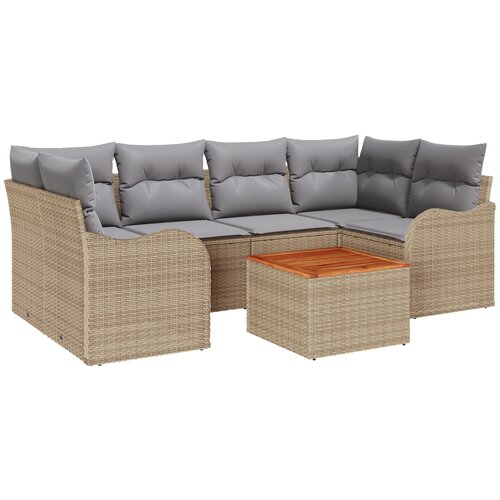 VidaXL 7-dijelni set vrtnih sofa s jastucima Bež Poli Ratan Akacija, Dvosjedna vrtna sofa s jastucima Bež Poli Ratan Slike
