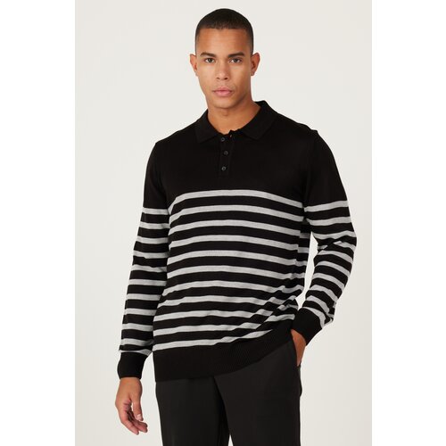 ALTINYILDIZ CLASSICS Men's Black-Anthracite Standard Fit Regular Fit Polo Neck Striped Knitwear Sweater Slike
