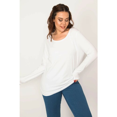 Şans Women's Plus Size White Cotton Fabric Crew Neck Long Sleeve Blouse Slike