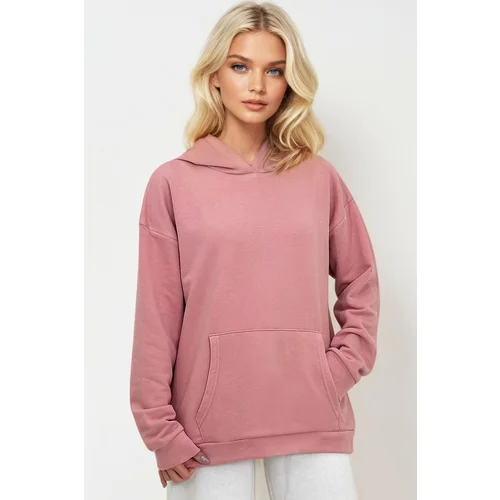 Trend Alaçatı Stili Women's Pink Hooded Kangaroo Pocket 3 Thread Thick Sweatshirt